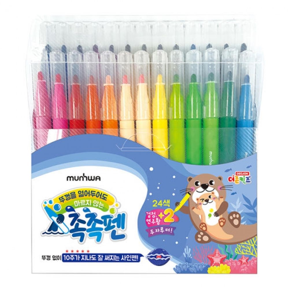 MUNHWA DEOJON Kids Non-Drying "Chok-Chok" Marker Set (24+2 Bonus Colors) | Remains Moist Without Cap for 10 Weeks | Extra Black & Peach Included | 2mm Bullet Tip |  Made in Korea